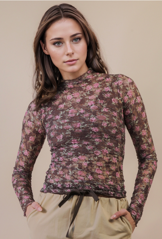 Chocolate Floral Sheer Mesh Lace Knit Top