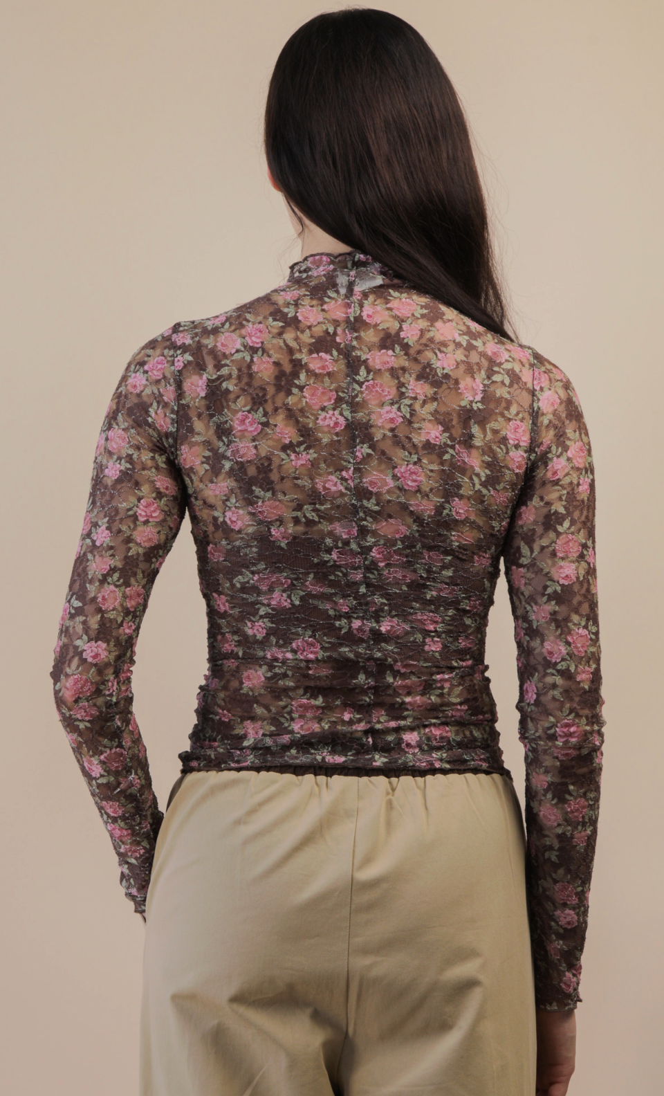 Chocolate Floral Sheer Mesh Lace Knit Top