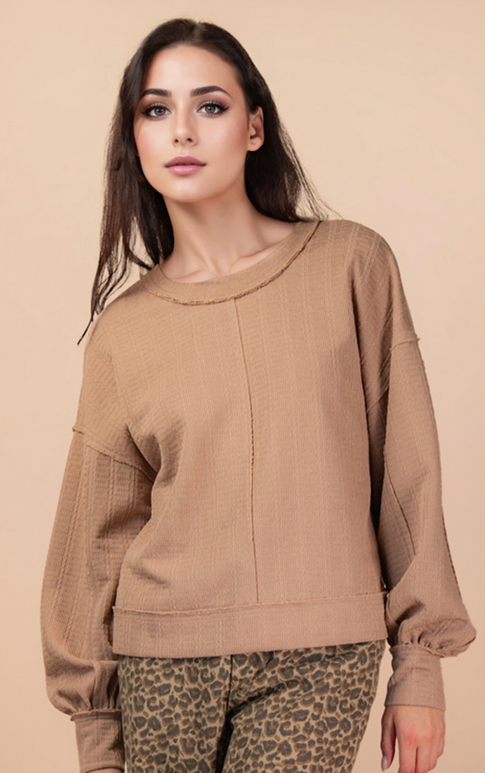 Raw Edge Oversized Taupe Textured Knit Top