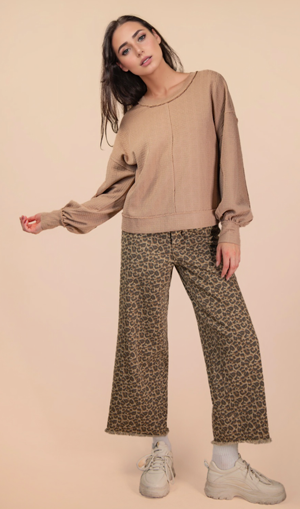 Raw Edge Oversized Taupe Textured Knit Top