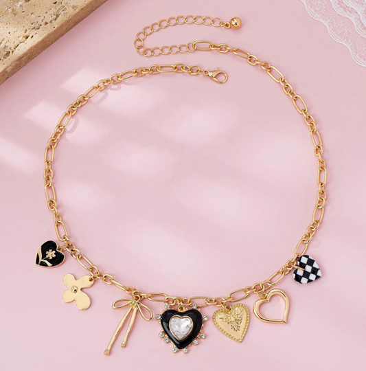 Charm Necklace-Bow Checker Heart Rhinestone