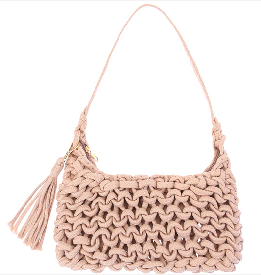Pink Knotted Woven Tassel Shoulder Bag